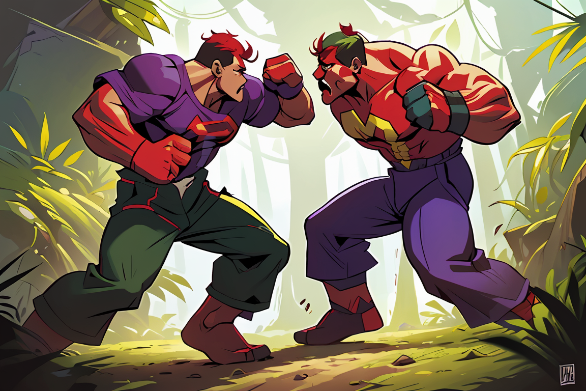 390360-3150915276-two people, Marvel's Red Hulk red angry smashing, dark green hair, purple pants, red skin color, fight scene, punching in locati.png